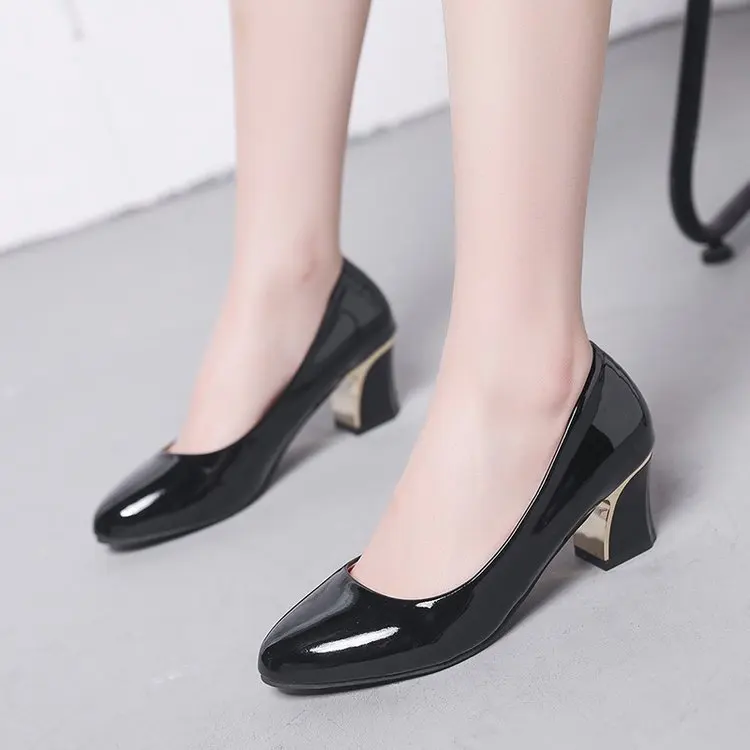 

2019 Spring New Style Thin Heeled Shoes Semi-high Heeled High Heel Shoes Patent Leather Shallow Mouth round Waterproof Platform