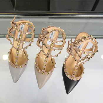 

2020 V Brand Women High Heel Sandal with Rivets Genuine Leather Wedding Shoes 10cm Thin Heel Pointed Toe Sandal 34-43