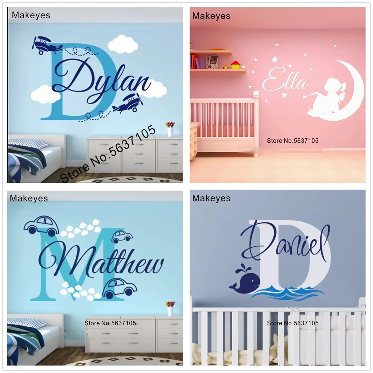 Makeyes Personalized Name Baby Wall Sticker Kids Bedroom Wall Decor Art
