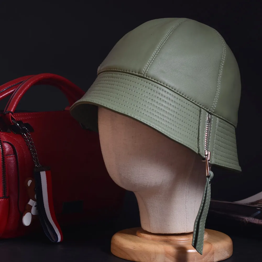 Зеленый Новая женская кожаная шляпа из овечьей кожи Fedoras, шляпа для рыбалки, шляпа кепка газетчика/шляпы - Цвет: Зеленый