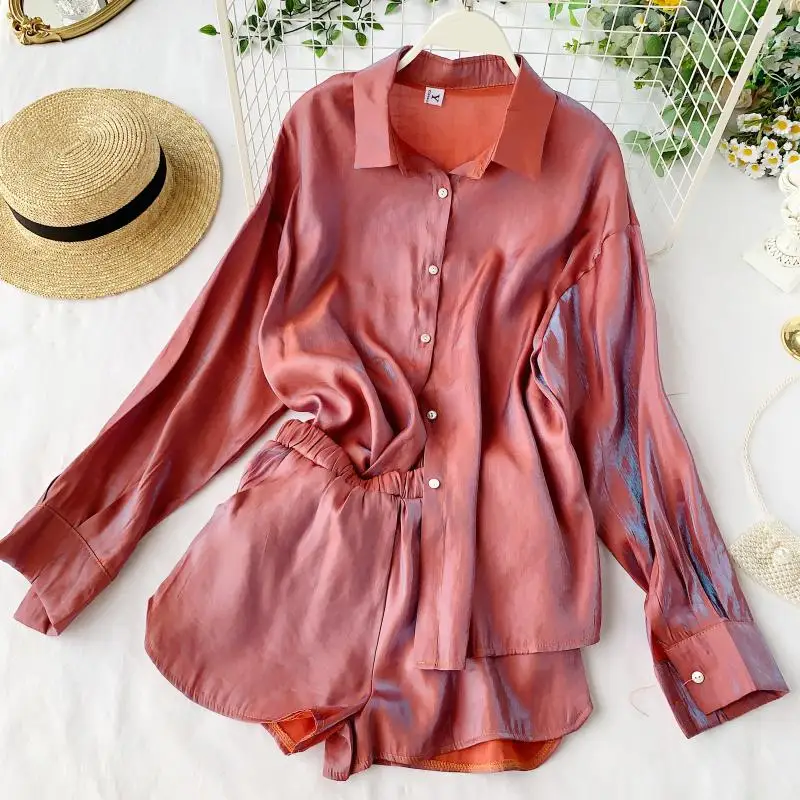 

2019 new fashion women's two piece set Suit collar long sleeve loose large size shirt + elastic waist shorts two-piece female