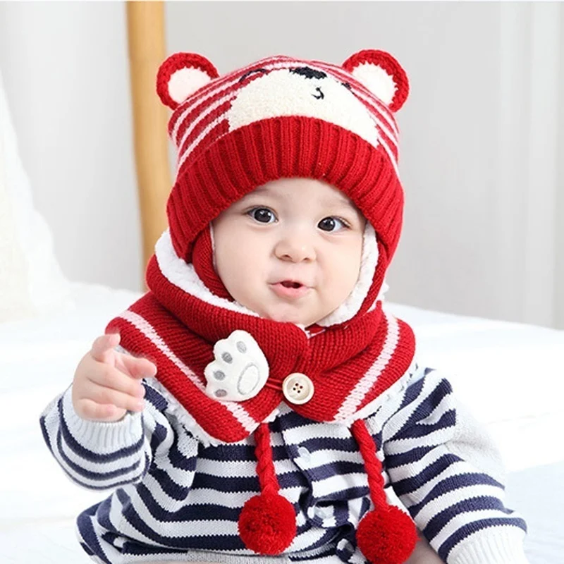 Милая зимняя теплая вязаная шапка для мальчиков и девочек с изображением животных; шарф для малышей; Зимний вязаный крючком шлем; аксессуары для новорожденных; теплые шапки для детей - Цвет: red