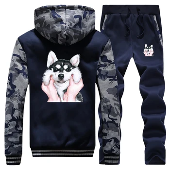 

Winter Lovely dog Jacket+pants Men Suits Camouflage Thick 2Pcs Set Fleece Hooded Sweatshirts Pants warm Tracksuits Sport sets