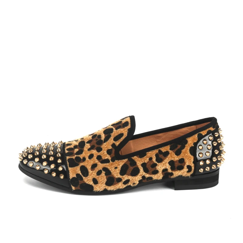 XQWFH Mens Leopard Loafers Luxury Velvet Spiked Slip on Dress Shoes Fashion Penny Smoking Slipper Men Brand Moccasins Flats 4