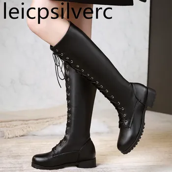 

Women Boots Autumn Winter Low Heel Warm Round Toe Pu Knee High Cross-tied Plush 2019 New Sexy Fashion Black Beige Big Size 34-48