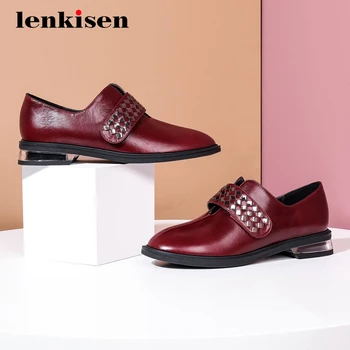 

Lenkisen hot leisure natural leather metal decorations round toe thick low heel hook loop beauty lady daily wear women pumps L37