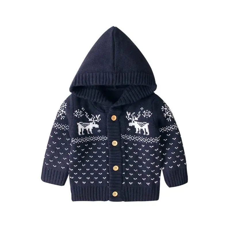 Г. Свитер с капюшоном для маленьких мальчиков и девочек Рождественская одежда детский вязаный свитер с изображением оленя, одежда с длинными рукавами на пуговицах кардиган, топ для детей от 0 до 18 месяцев - Цвет: Синий