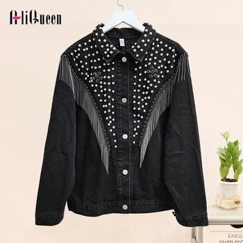 

2020 Autumn Denim Jacket Coat Women Rivet Tassel Chain Short Coats Woman Loose Streetwear Long Sleeve Black Jean Coats Outerwear