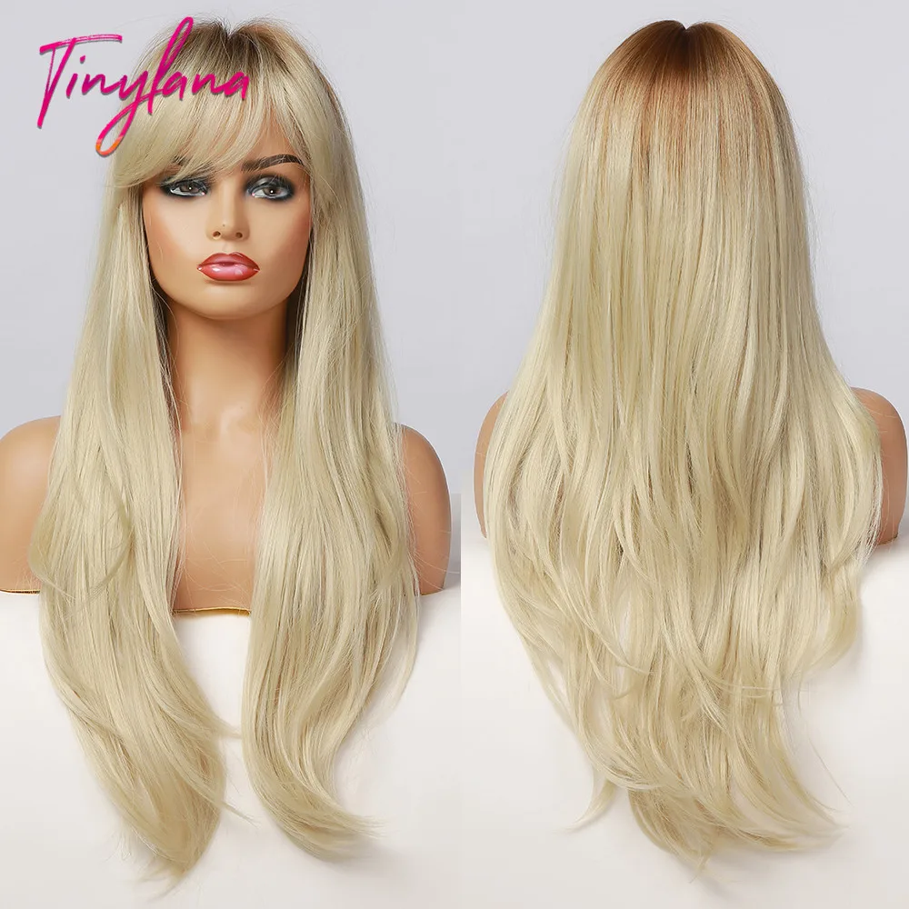 Synthetic Wigs Bangs Light-Blonde Tiny Lana Black-Women Heat-Resistant-Fiber Brown Natural-Wave