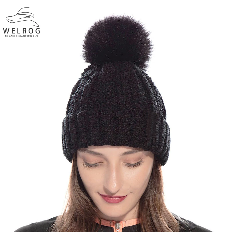 

WELROG Winter Solid Beanies Elegant Knitting Hats with Pompoms Soft Outdoors Warm Handmade Elastic knitted Pom Ball Skullies