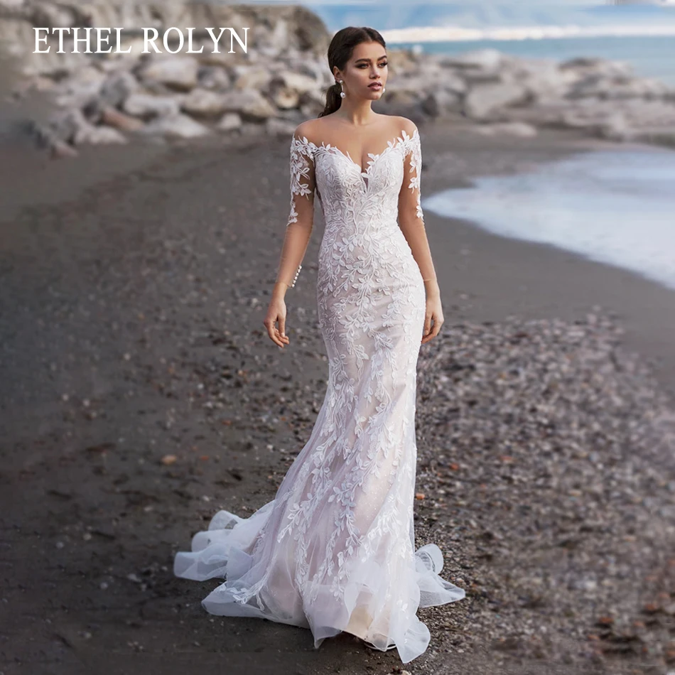 ETHEL ROLYN Mermaid Wedding Dress 2022 Charming Off the Shoulder Long Sleeve Backless Appliques Sweetheart Shiny Bridal Gown