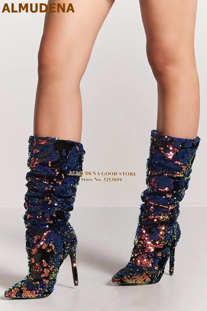 ALMUDENA; женские пикантные разноцветные ботинки до середины икры, украшенные блестками; ботинки средней высоты на шпильках с яркими пайетками; свадебные туфли