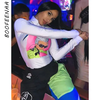 

BOOFEENAA Fashion 2020 Print White Turtleneck Long Sleeve Bodysuit Women Clothes Party Club Sexy Bodycon Top Body Mujer C98-AZ44