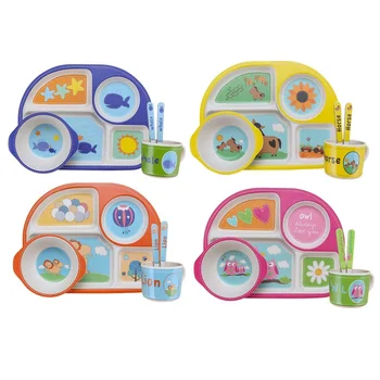 

5pcs/set Baby Children Tableware Set 100% bamboo fiber Plate Set Animal zoo Baby Plate Bow Cup Forks Dinnerware Feeding Set