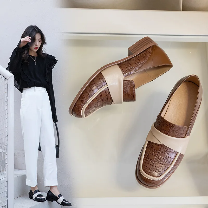 

British Style Loafers 2020 Spring New Style Low Documentary Shoes Women's Genuine Leather Stone Pattern Small Leather Shoes Squa