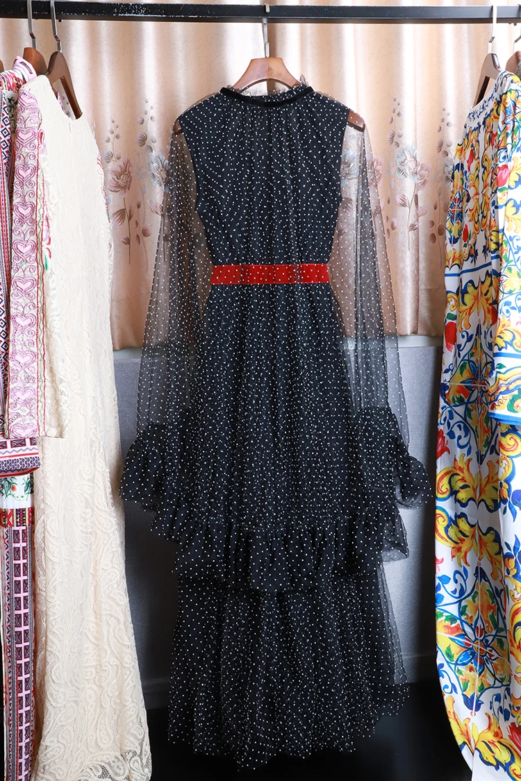 VERDEJULIAY, подиумное модное элегантное платье, лето, модное Черное длинное платье с длинным рукавом в горошек и сеткой, вечерние платья, vestido