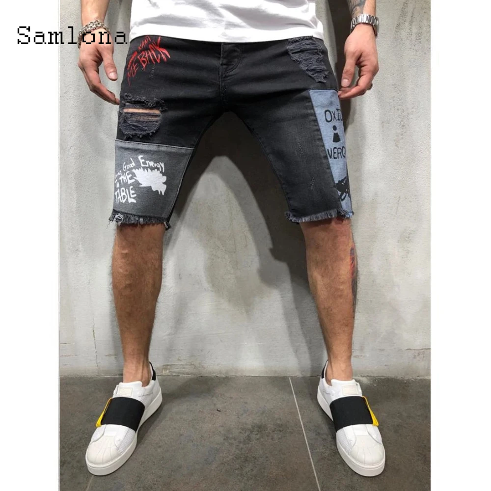 Samlona Men's Denim Shorts Sexy Leisure Jeans Pacthwork Hole Ripped Buttom 2024 Summer New Casual Demin Short Pants Male Clothes