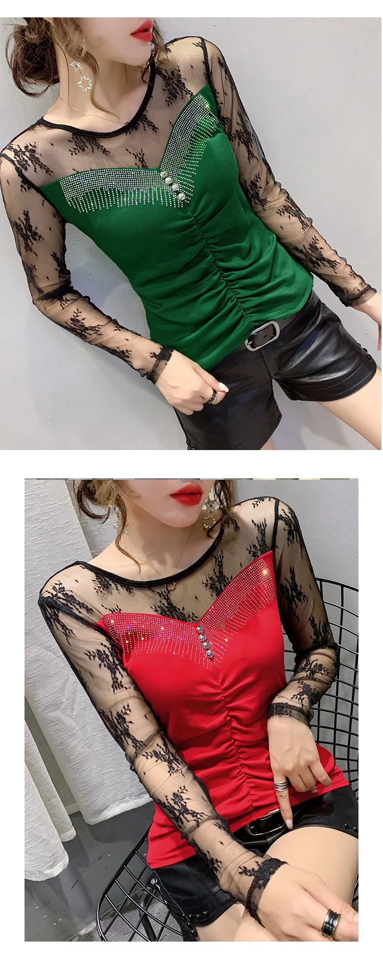 New 2020 Autumn long sleeve Women t-shirts Fashion Sexy hollow out Hot drilling Mesh shirt Plus size womens shirt blusas