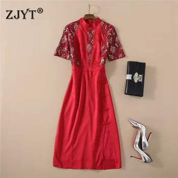 

Chinese Style Cheongsam Dress Summer 2020 New Fashion Woman Clothes Short Sleeve Flower Lace Patchwork Sexy Party Dresses Red
