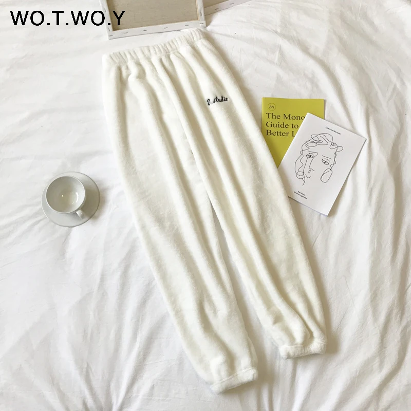 2019 Colorful Winter Pencil Pants Women Loose Thick Warm Elastic Waist Trousers Female Indoor White Red Velvet Harajuku