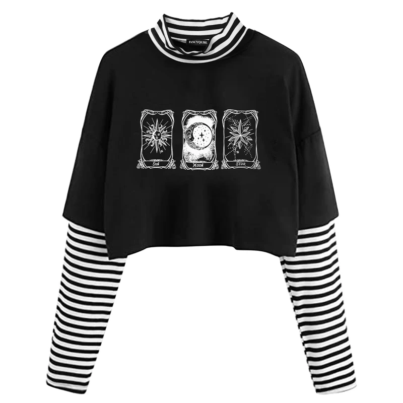 Hip Hop Harajuku T-shirts Fake Two Piece Cropped Tops Women Gothic Graphic Printed Slim Long Sleeve Summer Kawaii Tee for Ladies | Женская