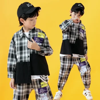 

Streetwear For Boys Children's Sets Black white Plaid Stripes Casual Outfit Hip hop Street Dancers Costume Loose Shirt Kid Pants
