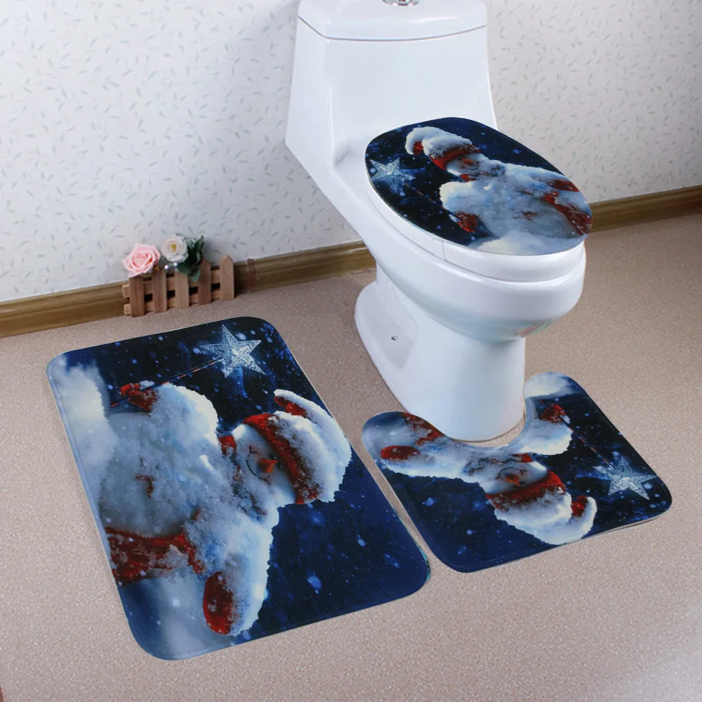 3PCS/Set Christmas Bathroom Non-Slip Bath Mat Set Pedestal Rug Toilet Cover 
