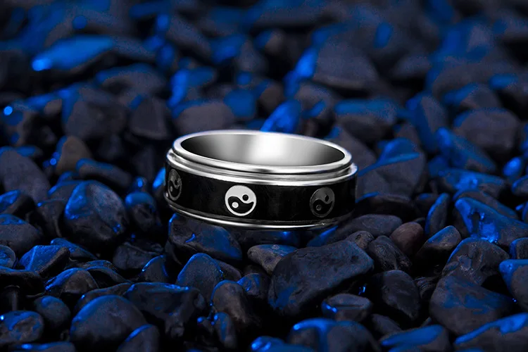 925, серебряное кольцо Fengshui Taichi Symbol, настоящее Стерлинговое Серебро, Yinyang Symbol, вращающееся кольцо на удачу