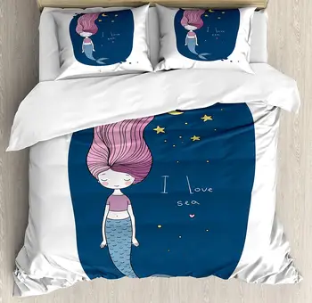

Mermaid Duvet Cover Set I Love Sea Theme Cartoon Girl with Long Pink Hair Stars and Moon Decorative 3 Piece Bedding Set