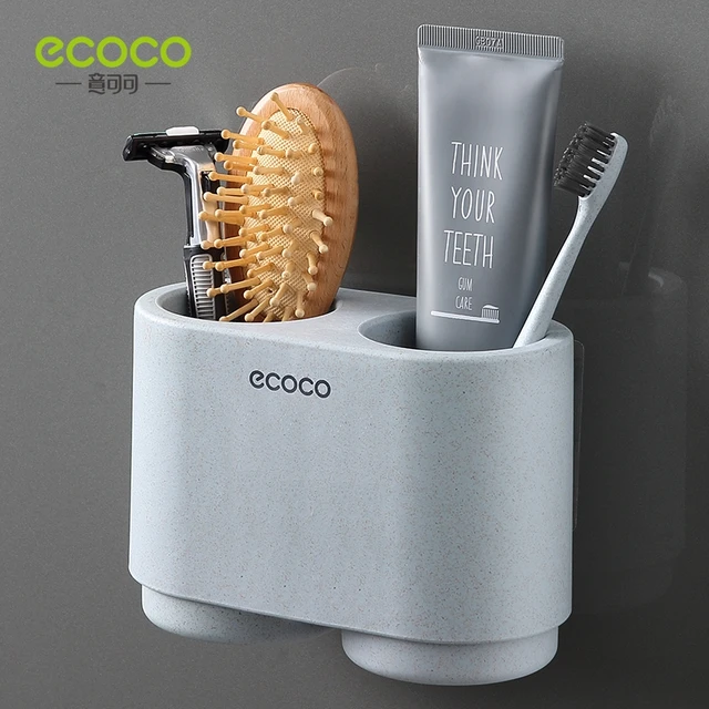 ECOCO Magnetic Adsorption Inverted Toothbrush Holder Simple Toothpaste Storage Rack with Wash Cup Punch Free Bathroom Sets Double cup Blue