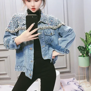 

Woman Autumn Jacket New Women's Korean Version Fashion Shoulder Beaded Long-sleeved Denim Jacket Female Jean Jacket Casual Denim