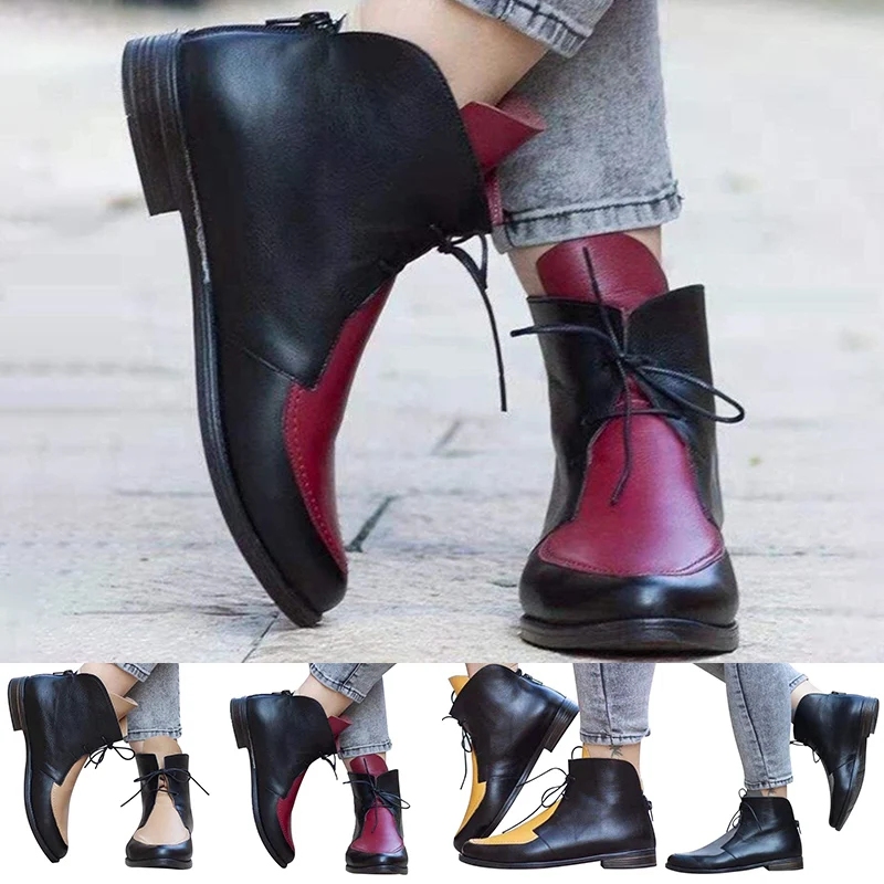 

Color Blocks Women Pointed Toe Boots PU Leather Lace-up Low Heel Spring Winter Ankle Booties J9