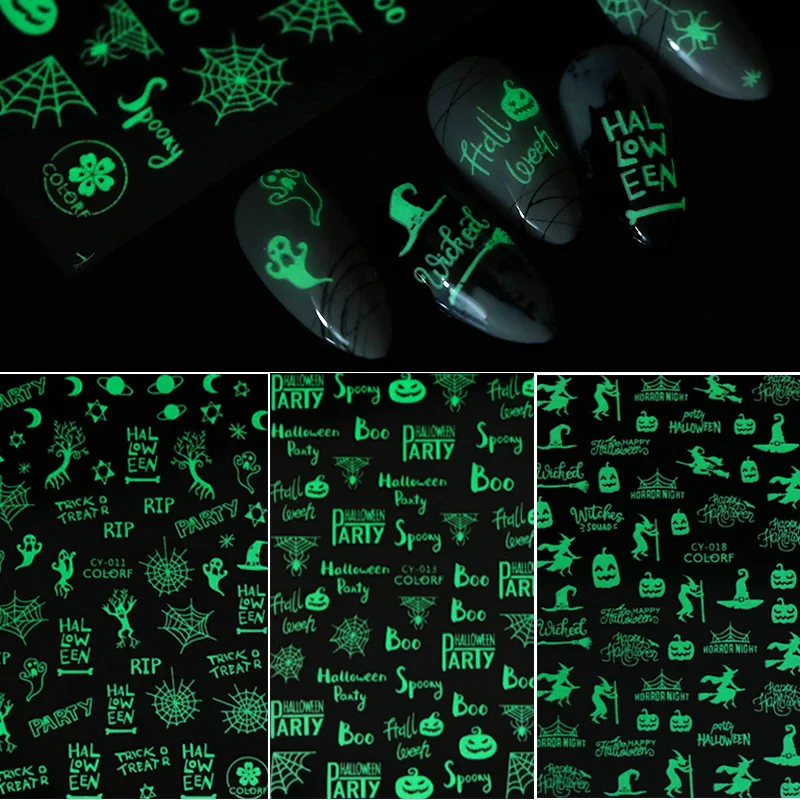 1Pc Halloween Luminous 3D Black Nail Sticker Russian Letters Pumpkin Bat Ghost Skull Horror Decals Decoration | Красота и здоровье