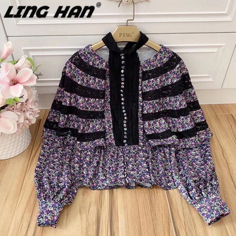 LING HAN Сексуальная Блузка с открытыми плечами и принтом фонарь Sleevee английский стиль кружева лоскутное Топ осень Новая женская