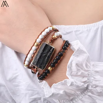 

Natural Black Tourmaline Charms 3 Strands Leather Wrap Bracelet Women 6mm Natural Stone Agates Beads Bohemia Bracelet N0431AMBH