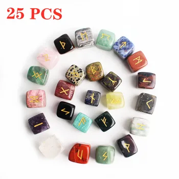 

25pcs Natural stone carving Viking Runes Amulet Set Reiki Runic alphabets Healing Crystals quartz Divination Stones jewelry