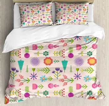 

Floral Duvet Cover Set Abstract Illustration of Flat Design Colorful Flowers with Leaves Decorative 3 Piece Bedding Set