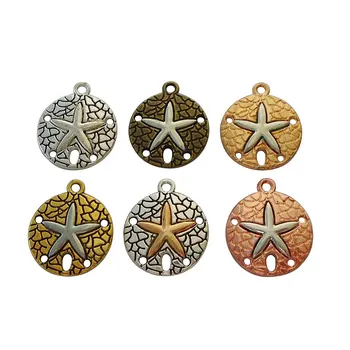 

8x Tibetan Bronze Round Sand Dollar With Gold Starfish Charms Pendants for Necklace Bracelet Jewelry Making Findings
