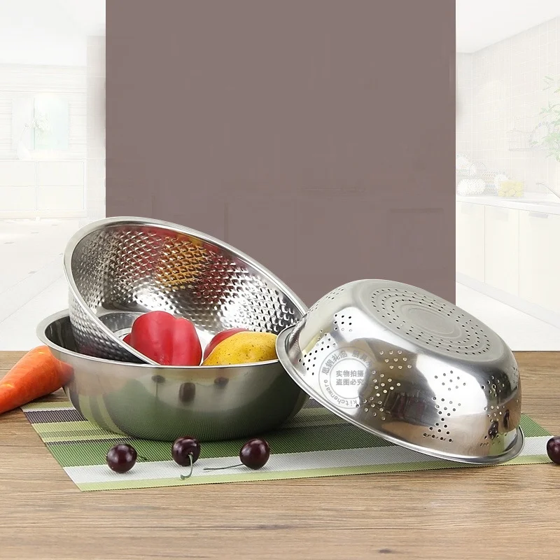 

304 Stainless Steel Taomi Basket Taomi Pan Drain Taoyuan Basket Leaking Basin Wash Rice Small hole Household 3 Pieces
