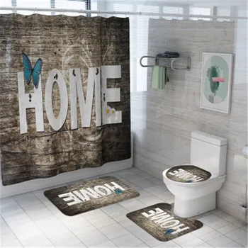 

4Pcs/set Bathroom Mat Set Non-slip Love HOME Print Bath Mat Shower Curtain Floor Mat Washable Bathroom Toilet Rug