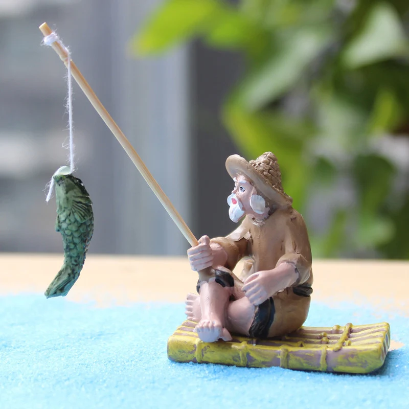Mini Fisherman Figurines,Miniature Resin Fishing Old Man Statues Chinese Mudman Sitting Garden Ornament for Outdoor Pool Micro Landscape Bonsai Decor