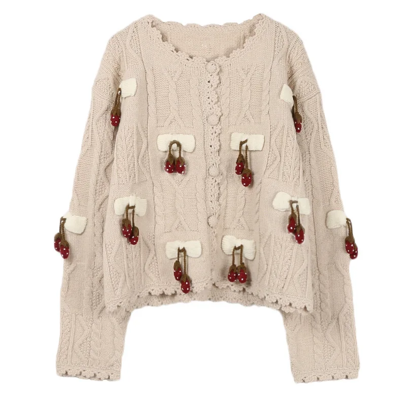 Best Price TVVOVVIN Three-dimensional Strawberry Patchwork Single Breasted Self-cultivation Long Sleeve Knitting Cardigan ZX014