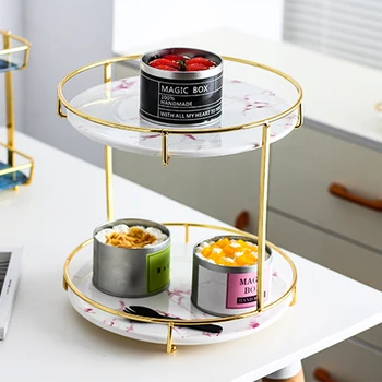 

Nordic Marble Ceramic Double Dessert Cake Plate Candy Storage Rack Simple Household Round Iron Cosmetics Jewelry Storage Shelves