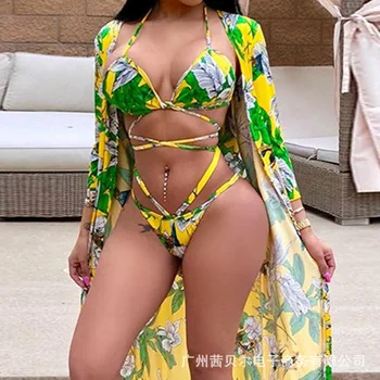 

WEPBEL 3pcs Bikini Set Sexy Bandage Beach Summer Bra + Thong + Cover Floral Swimming Party Swim Swimwear Suit