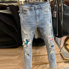 High Quality Brand Hole Patch Slim Skinny Jean Vaqueros Hombre Jean For Men Light Blue Washed Stickers Hip Hop Pant Men Jean