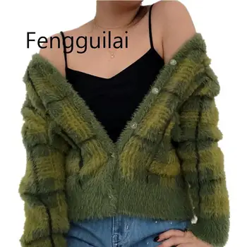 

Vintage Synthetic Mink Cashmere Sweater Women Harajuku Lazy Oaf V-Neck Single-breasted Ladies Fluffy Plaid Knitted Cardigan