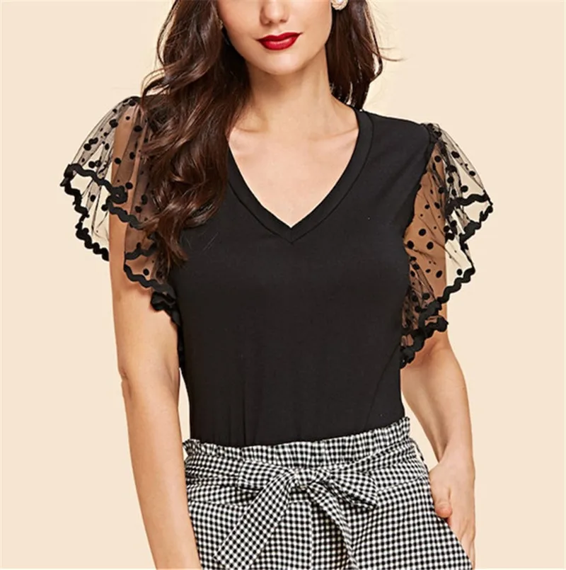 

Fashion Women Summer Lace Patchwork T-Shirts Elegant Sexy Daily Clothes Black Short Sleeve Casual Tops T-Shirt New Tees