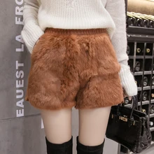 Shorts feminino de pele de coelho, cintura alta, elástica, perna larga, com bolsos, sapatinho