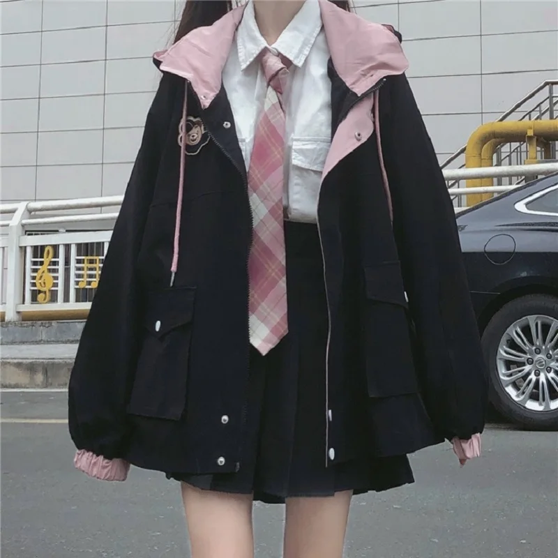 

Winter Japanese women's casual punk streetwear jacket loose pockets long-sleeved hooded big size fashion Vintage Harajuku jacket