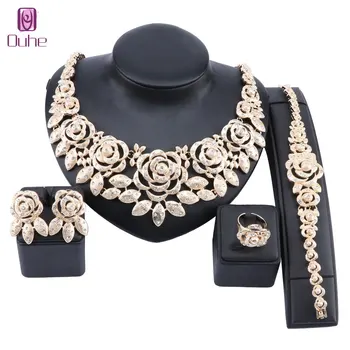 

Women Wedding Bridal Party Crystal Flower Gold Color Pendant Fine Statement Necklace Earrings Bangle Rings Jewelry Set